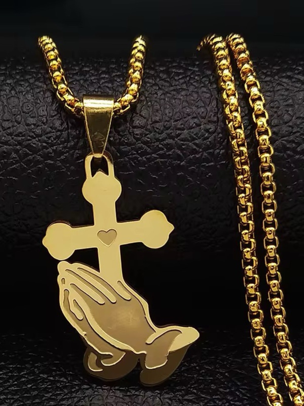 Gold Tone Praying Hands Cross Pendant Necklace